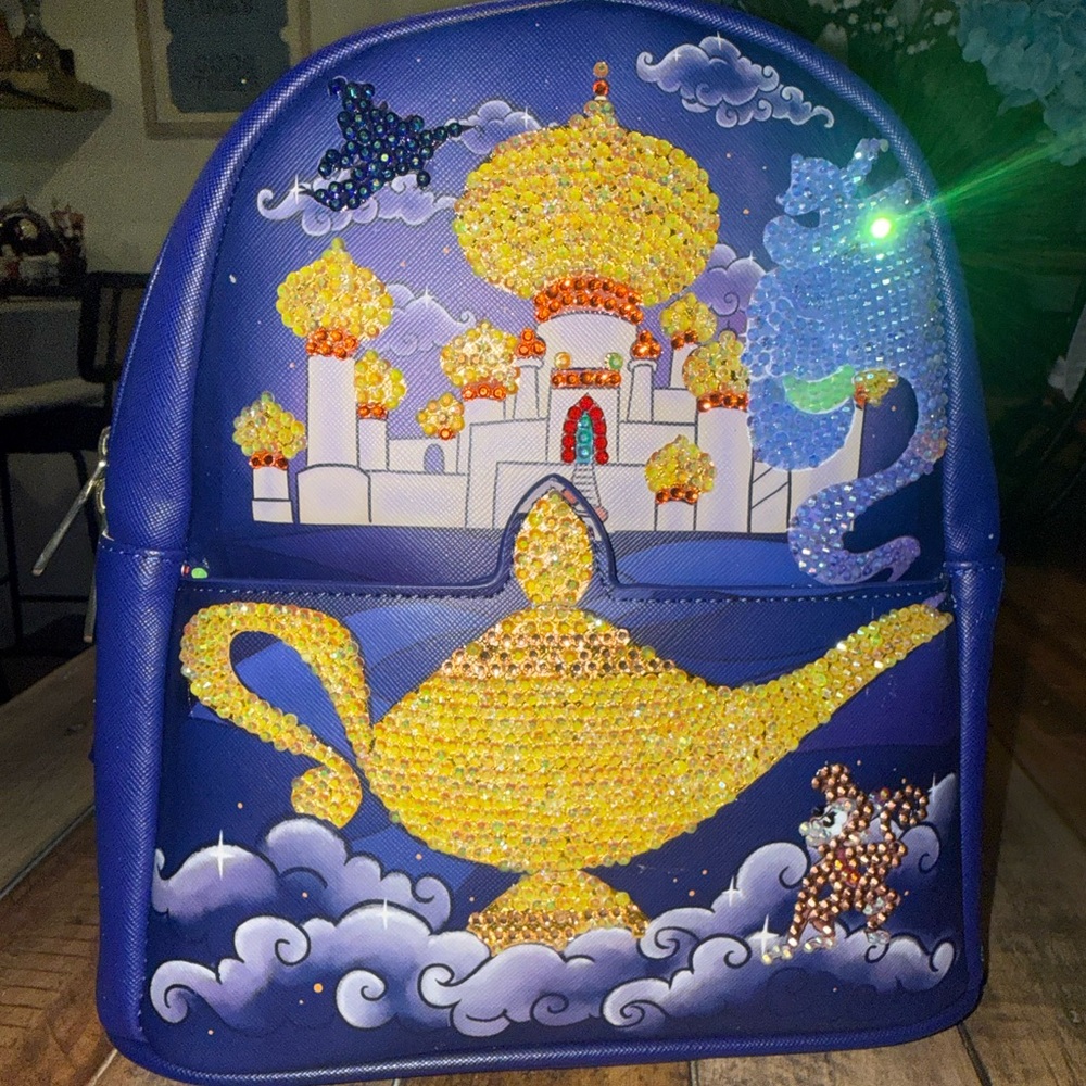 Embellished Blue Women's Backpack with Gold Lamp Motif